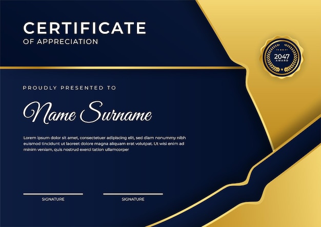 Elegant blue and gold diploma certificate template with gold badge and border