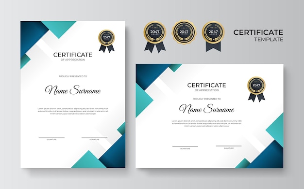 Elegant blue green and gold diploma certificate template