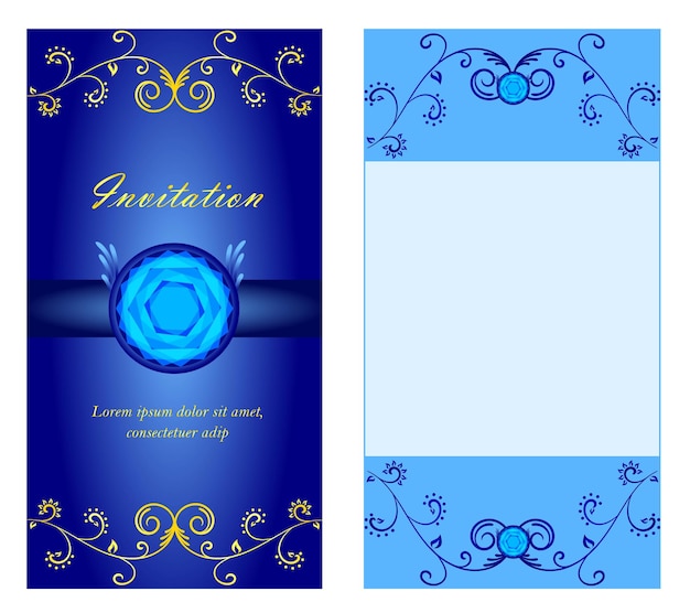 Elegant Blue Invitation Card with Golden Floral Design