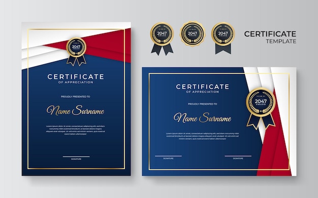 Elegant blue red white and gold diploma certificate template