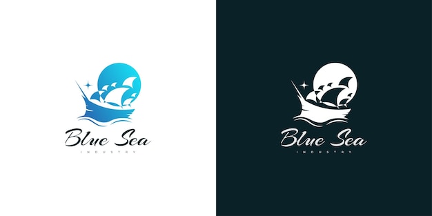 Elegant Blue Ship Logo Design with Negative Space Concept Sailing Boat Logo or Icon