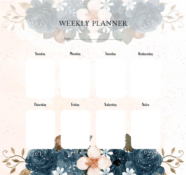 Elegant Blue Watercolor Floral Weekly Planner