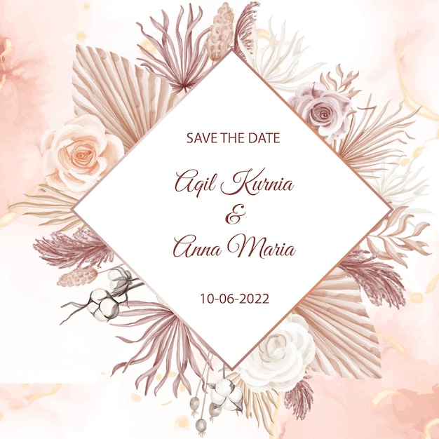 Elegant Boho Engagement Rose Watercolor Wedding Invitation Template