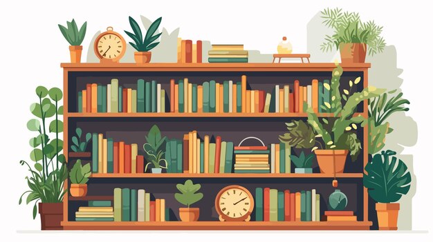 Vector elegant bookcase interior with books plant and foliage background