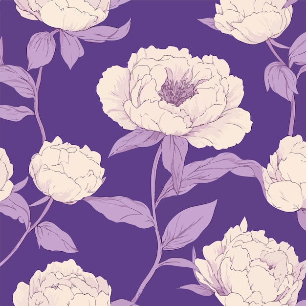 Vector elegant botanical seamless pattern with tender peony flowers