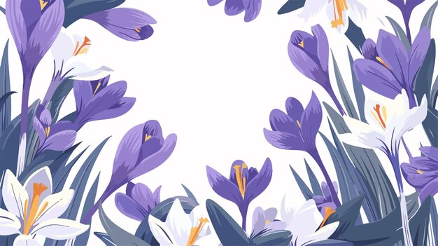 Vector elegant bouquet frame with bright white and purple crocus flowers