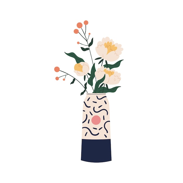 Elegant bouquet with peonies and decorative herb branches in modern ceramic vase vector flat illustration. Beautiful bunch of garden flowers. Floral composition for decor isolated on white.