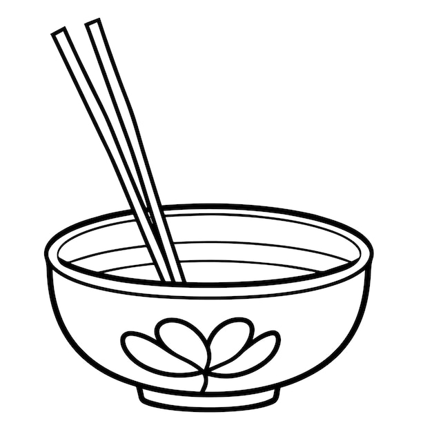 Elegant bowl and chopsticks outline icon in vector format for Asian cuisine designs