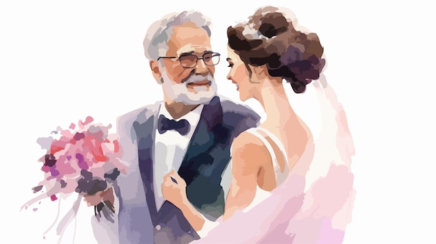 Elegant Bride and Father Watercolor Vector Illustration Isolated on White Background