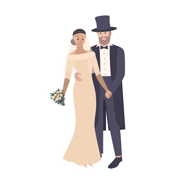 Elegant bride wearing exquisite wedding gown and groom dressed in luxurious tailcoat and top hat.