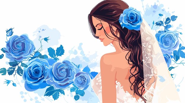 Vector elegant bride with blue roses on white background