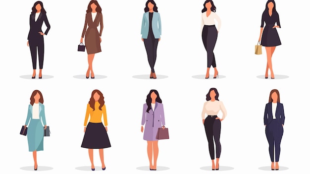 Vector elegant businesswoman stylish clothing icons set isolated