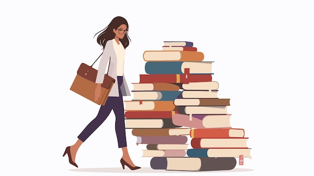 Vector elegant businesswoman walking on stack of vintage books