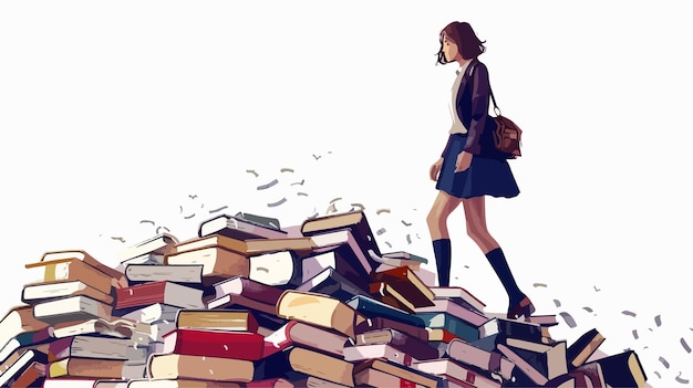 Elegant Businesswoman Walking on Stack of Vintage Books