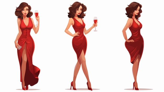 Vector elegant cartoon woman in cocktail dress illustration