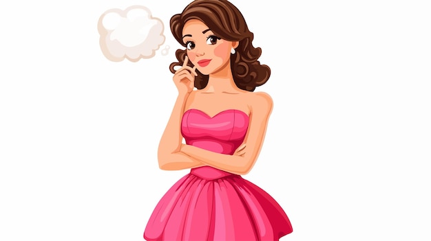 Vector elegant cartoon woman in pink dress with thought bubble