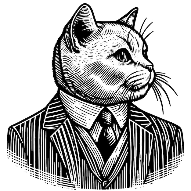 Vector elegant cat wearing a suit in profile detailed black and white sketch vector generative ai