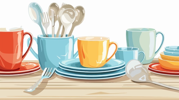 Vector elegant ceramic dishware cups and cutlery on wooden table