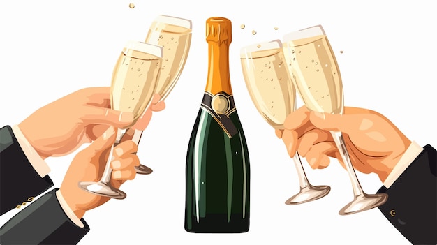 Vector elegant champagne bottle and glasses in hands illustration