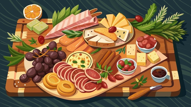 Vector elegant charcuterie board with a variety of cured meats cheeses olives and crackers