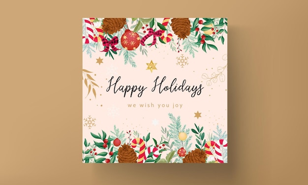 Vector elegant christmas card design with christmas ornaments and beautiful leaves