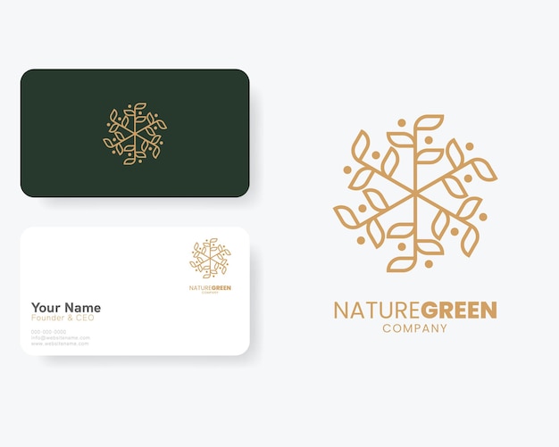 Elegant Circle Nature Leaf Vector Logo in Flat Design with Business Card Template