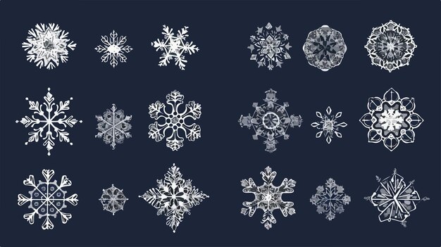 Vector elegant collection of 16 ornate snowflakes in white for winter designs