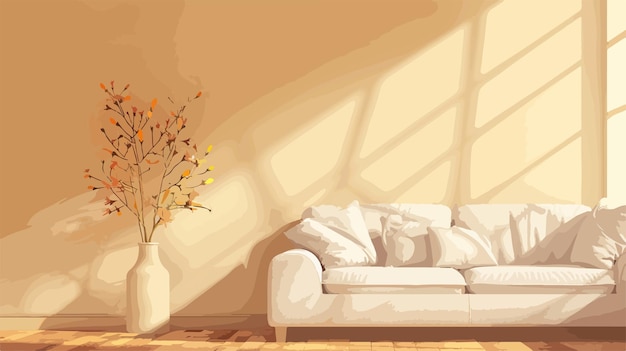 Vector elegant comfortable sofa and vase with flowers near light wall