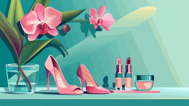 Vector elegant composition of female shoes cosmetics and orchid flowers