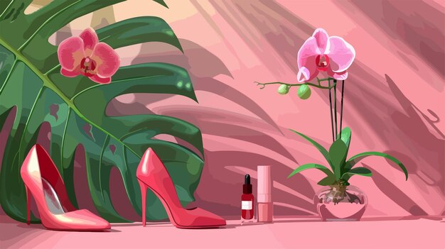 Vector elegant composition of female shoes cosmetics and orchid flowers