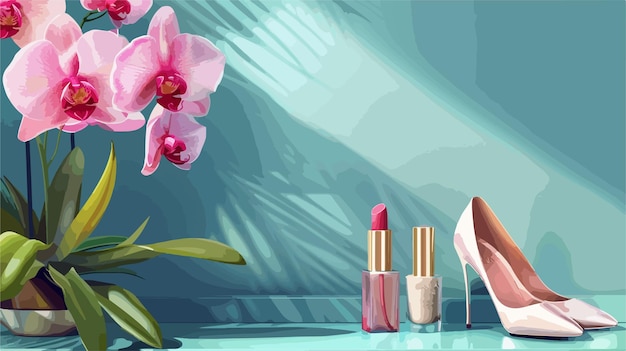 Elegant Composition of Female Shoes Cosmetics and Orchid Flowers