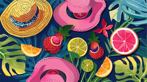 Vector elegant composition of stylish hats and fresh fruits on colorful background