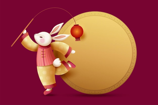 Elegant costumed rabbit holding red lantern with golden color round copy space