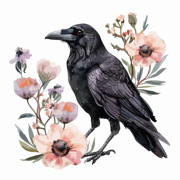 Vector elegant crow and floral watercolor illustration