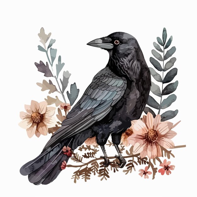 Vector elegant crow and floral watercolor illustration