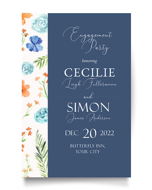 Elegant dark blue and orange flower engagement party wedding watercolor