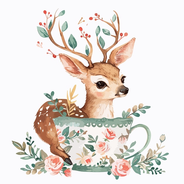 Elegant Deer in Floral Cup Clipart Isolated on White Background