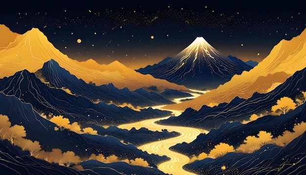 An elegant digital illustration featuring a stylized golden mountain landscape against a black backg