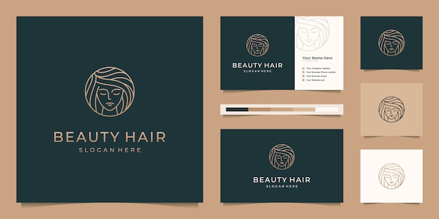 Elegant face woman hair salon gold gradient line art logo design and business card