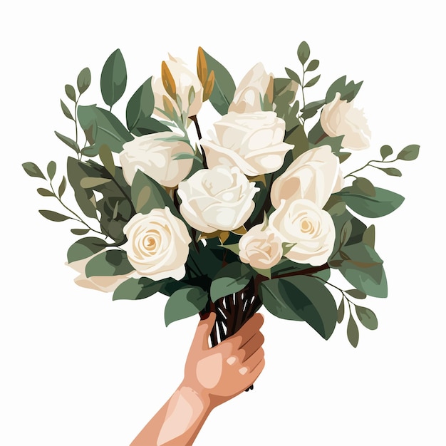 Vector elegant female hand holding delicate white rose bouquet