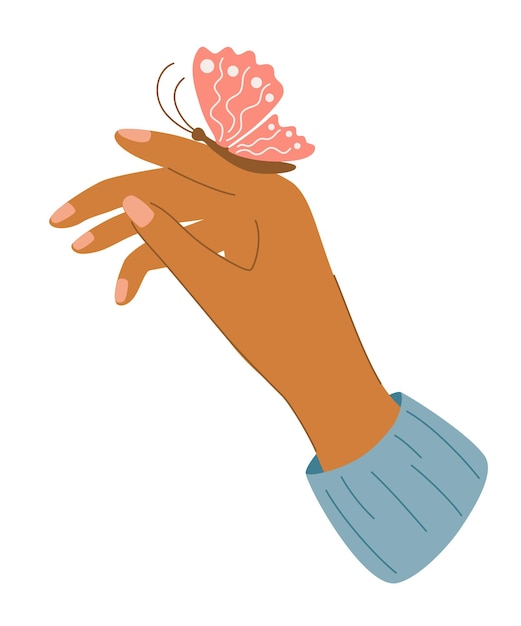 Elegant female hand with a butterfly. Woman's hand with a butterfly sitting on her finger. Woman's manicure. For greeting and invitation cards, poster, banner, flyer, bag Vector illustration