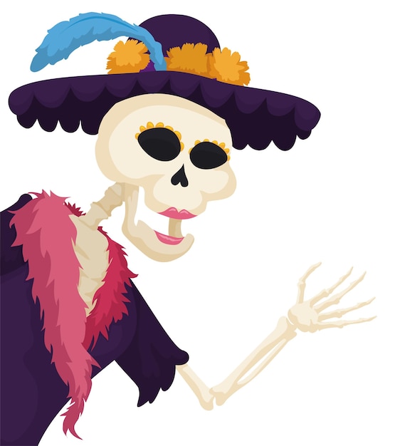 Elegant female skeleton with fancy hat marigold flowers and blue feather coat and furry scarf