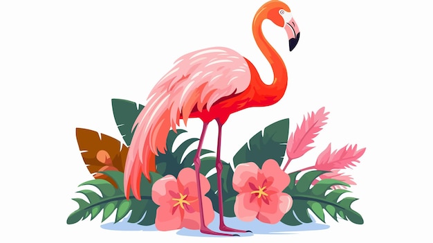 Vector elegant flamingo standing among lush leaves and vibrant flowers