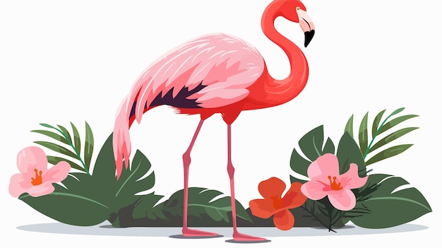 Vector elegant flamingo standing among tropical leaves and flowers