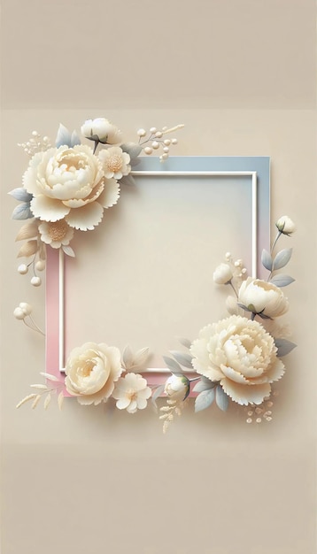 Elegant floral frame with creamcolored peony flowers