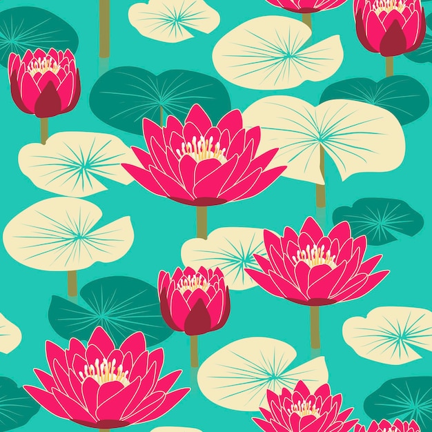 Elegant floral seamless pattern with lotus over blue background