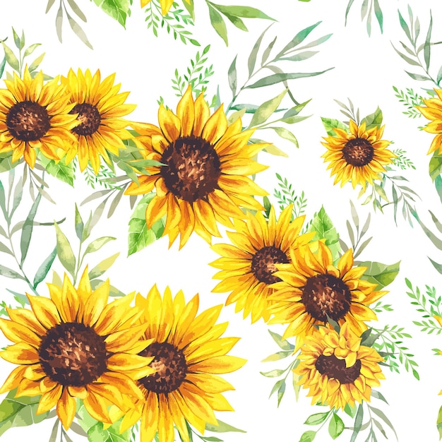 Elegant floral Seamless pattern with watercolor sunflowers and green leaves