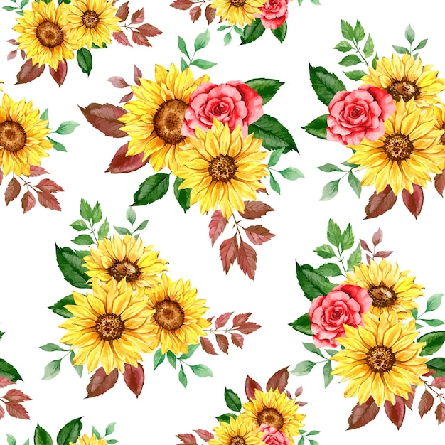 Elegant floral Seamless pattern with watercolor sunflowers and green leaves