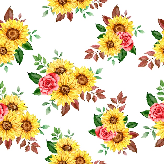 Elegant floral Seamless pattern with watercolor sunflowers and green leaves