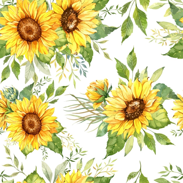 Elegant floral Seamless pattern with watercolor sunflowers and greenery